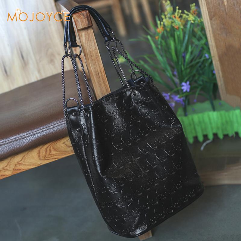 Vintage Skull Shoulder Bags Composite Bags Women Bucket PU Leather Female Black Handbags Ladies Casual Chain Tote Bags