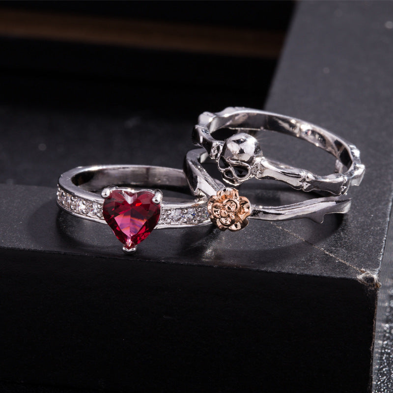 Wedding Love Gift Skull Heart CZ Crystal Rose Flowers Ring Set Silver Color Rings
