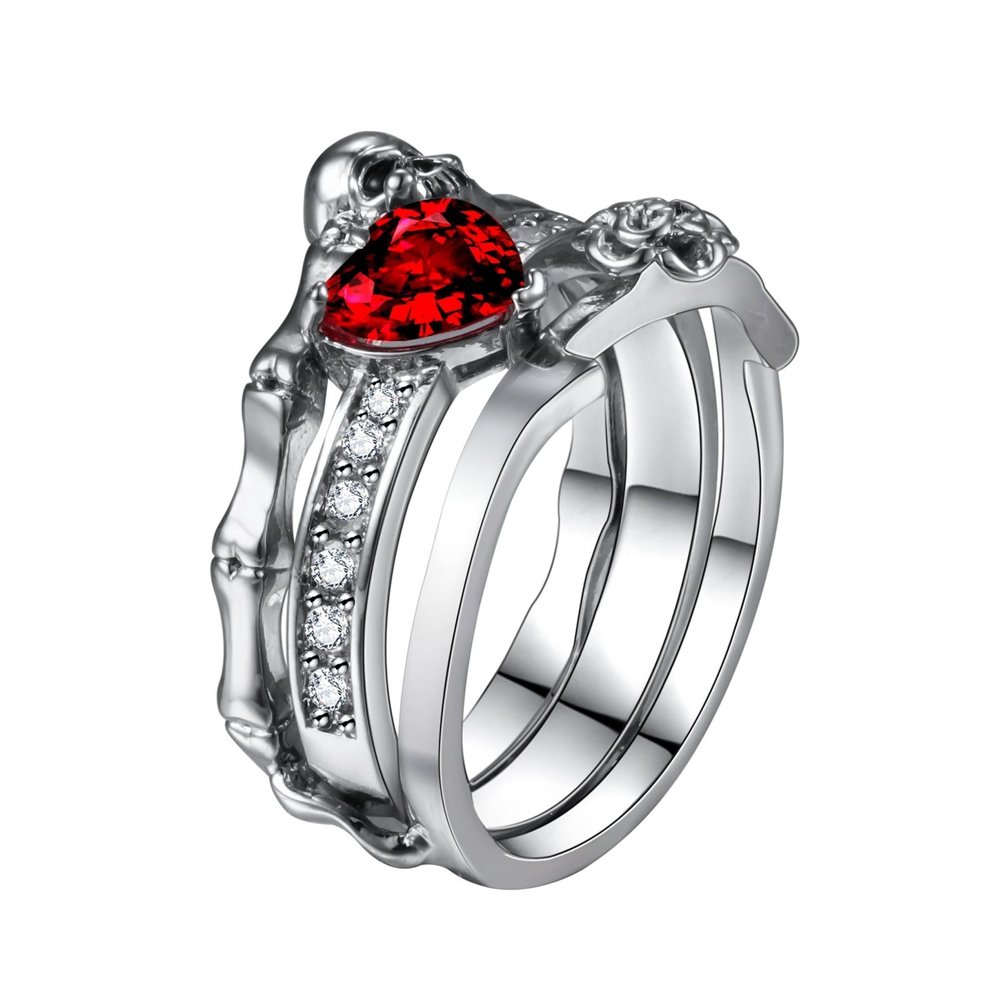 Wedding Love Gift Skull Heart CZ Crystal Rose Flowers Ring Set Silver Color Rings