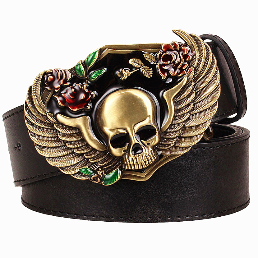 Wild Personality Men's belt metal buckle colour Skull Totem belts wing skeleton head pattern punk rock style trend belt for men