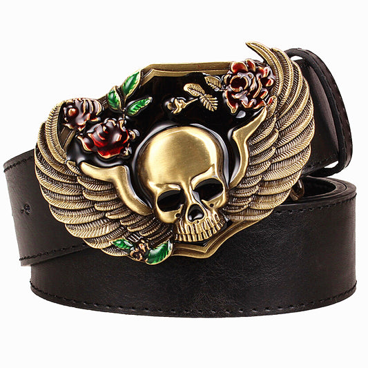 Wild Personality Men's belt metal buckle colour Skull Totem belts wing skeleton head pattern punk rock style trend belt for men