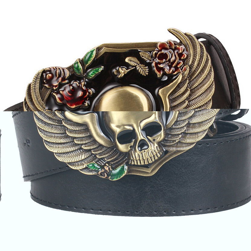 Wild Personality Men's belt metal buckle colour Skull Totem belts wing skeleton head pattern punk rock style trend belt for men
