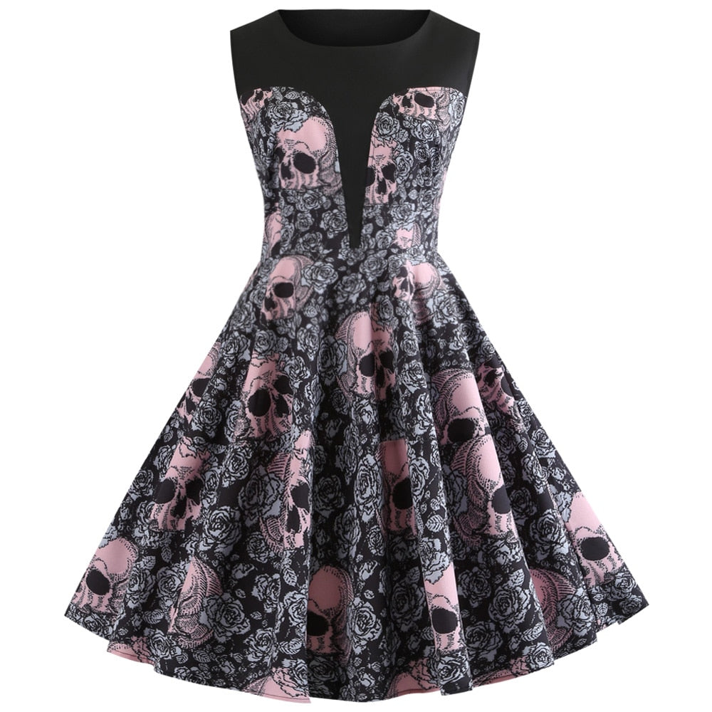 Pink Skull Print Halloween Dress Women Autumn Vintage Dress