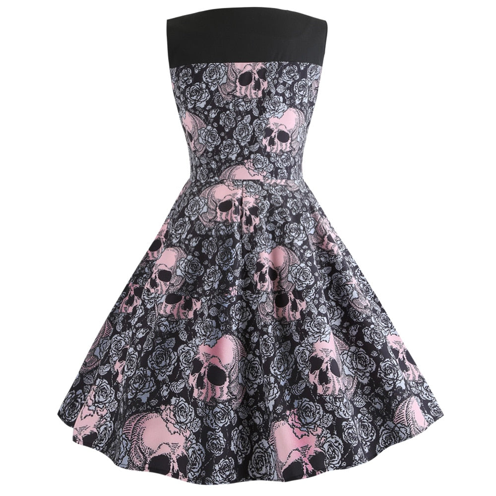 Pink Skull Print Halloween Dress Women Autumn Vintage Dress
