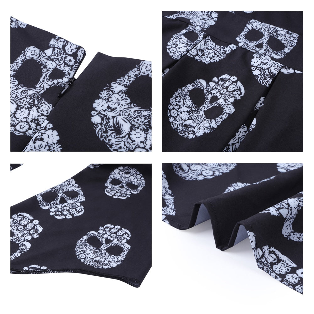 Skull Print Halloween Dress Women Autumn Square Collar Long Sleeves