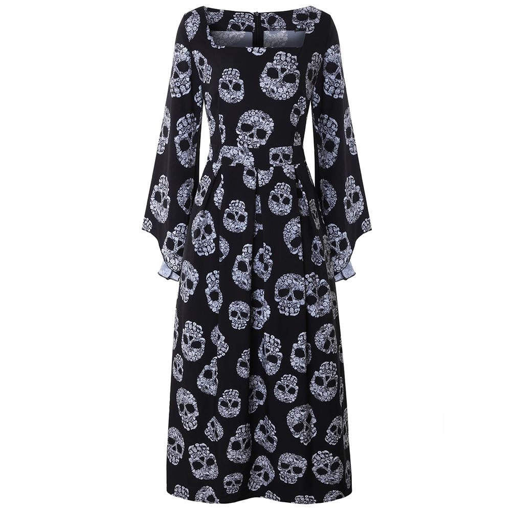 Fashionable Pin Up Long Flare Sleeve Square Collar Sugar Skull Print