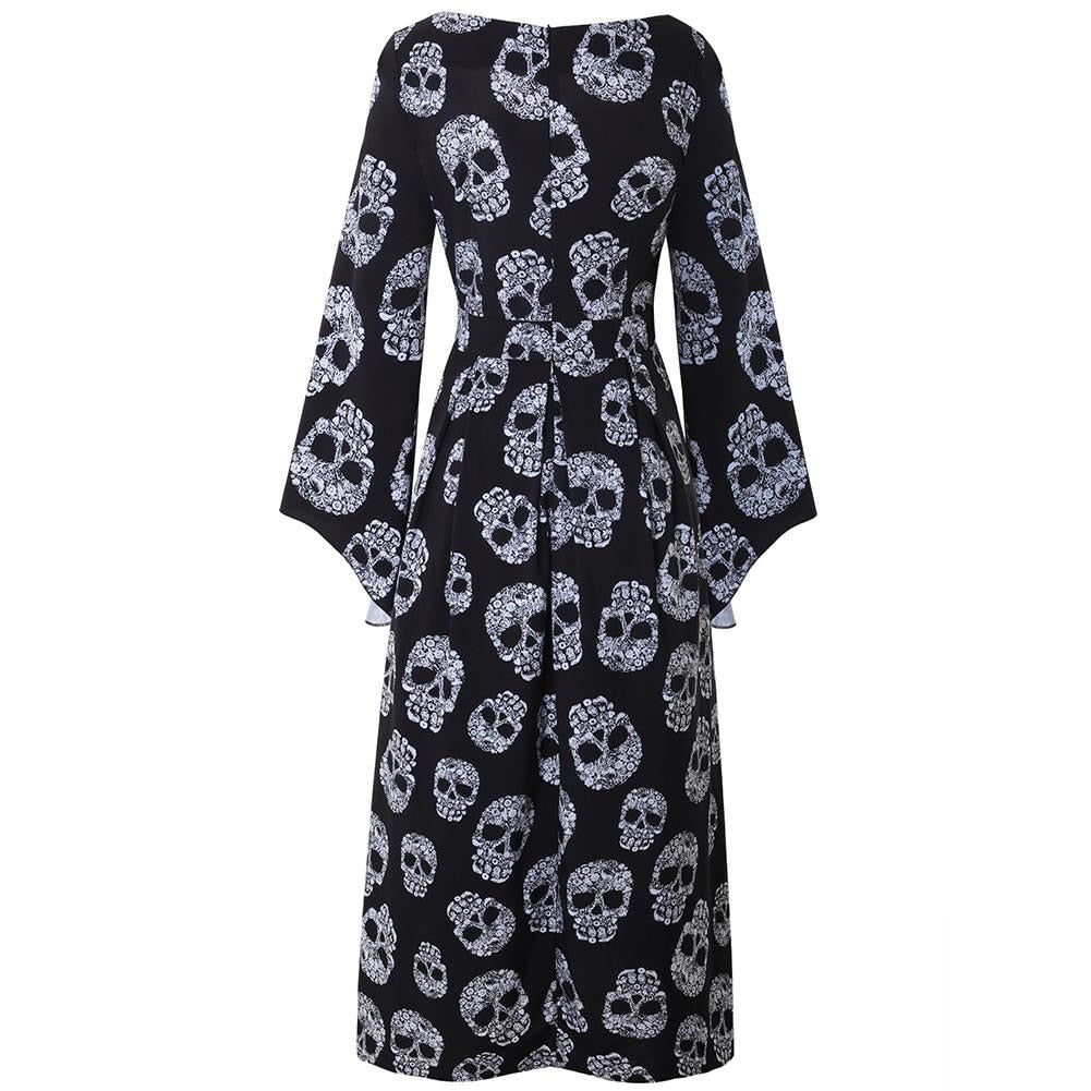 Fashionable Pin Up Long Flare Sleeve Square Collar Sugar Skull Print