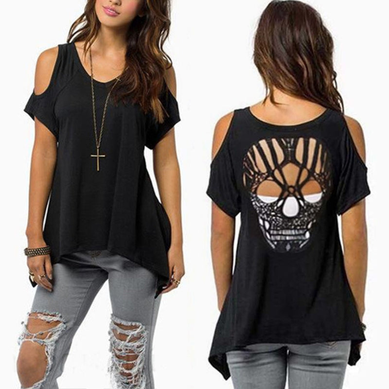 Women Cold Shoulder Short Sleeve T-Shirt Cut Hollow Skull Backless Casual