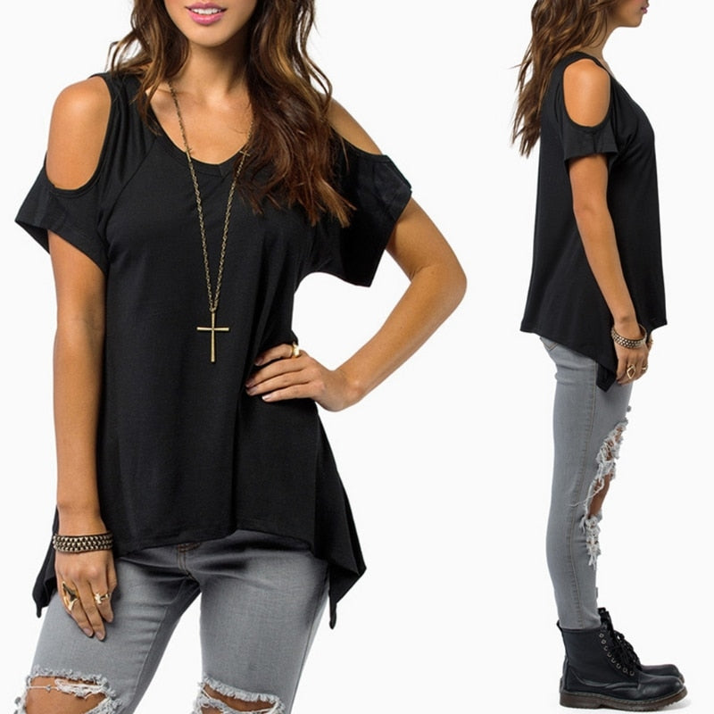 Women Cold Shoulder Short Sleeve T-Shirt Cut Hollow Skull Backless Casual