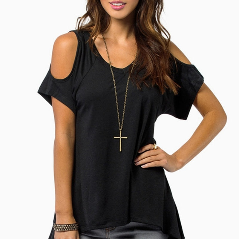 Women Cold Shoulder Short Sleeve T-Shirt Cut Hollow Skull Backless Casual