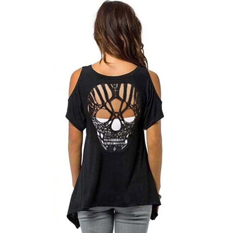 Women Cold Shoulder Short Sleeve T-Shirt Cut Hollow Skull Backless Casual