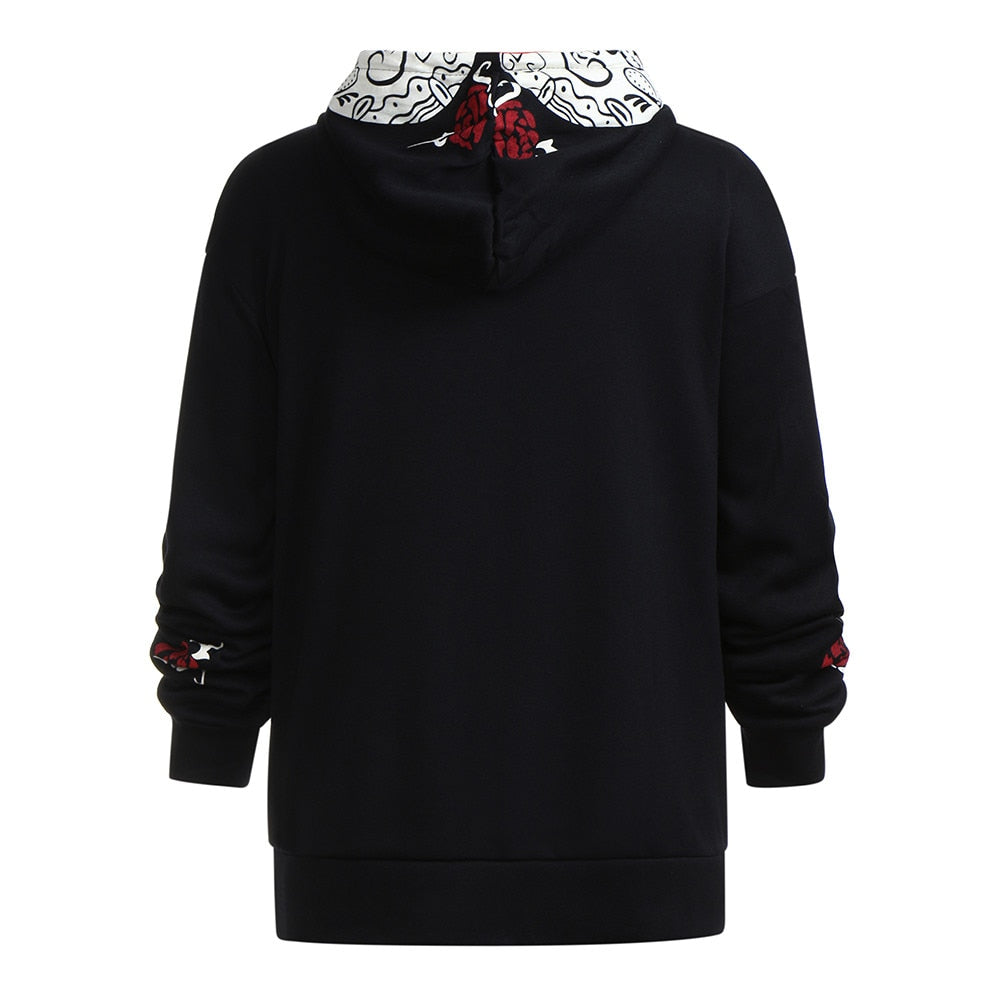 Black Skull Rose Print Casual Hoodies Tracksuits Sueter