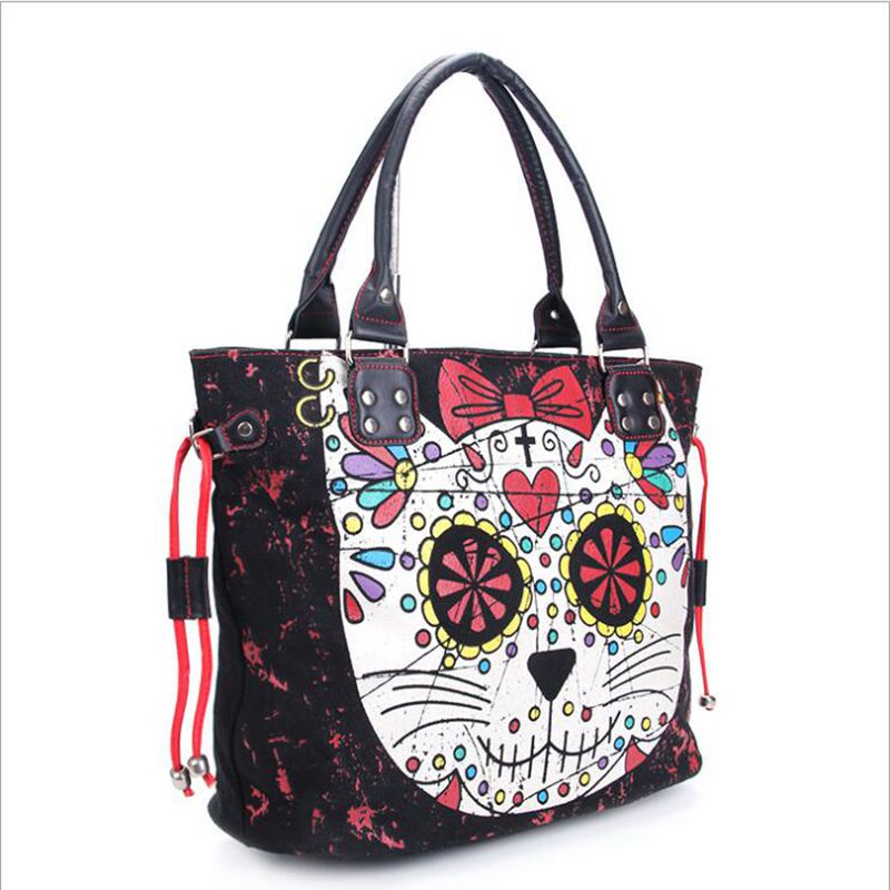 Women Lady Girl Sugar Skull Kitty Cat Candy Handbag School Shoulder Bag Gothic Punk Rockabilly