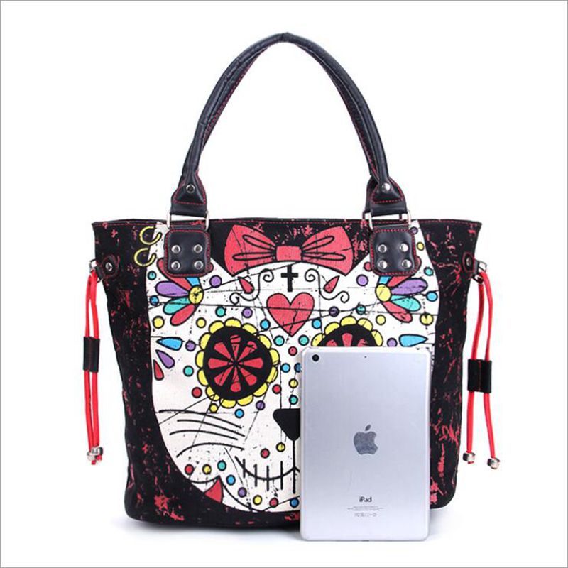 Women Lady Girl Sugar Skull Kitty Cat Candy Handbag School Shoulder Bag Gothic Punk Rockabilly