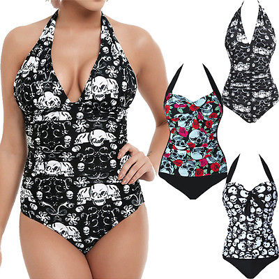 Women Sexy Summer Floral V-neck Halter Monokini Skull Bikinis Beachwear