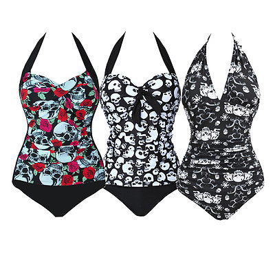 Women Sexy Summer Floral V-neck Halter Monokini Skull Bikinis Beachwear