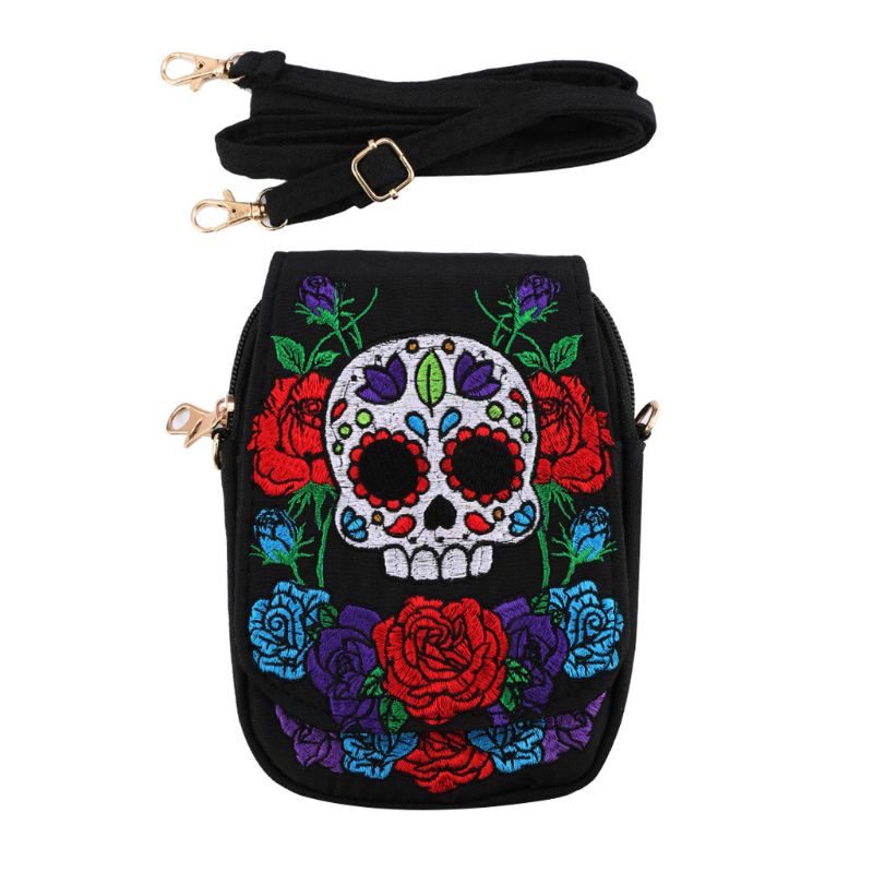 Women Skull Rose Handbag Canvas Embroidery Ethnic Shoulder Bag