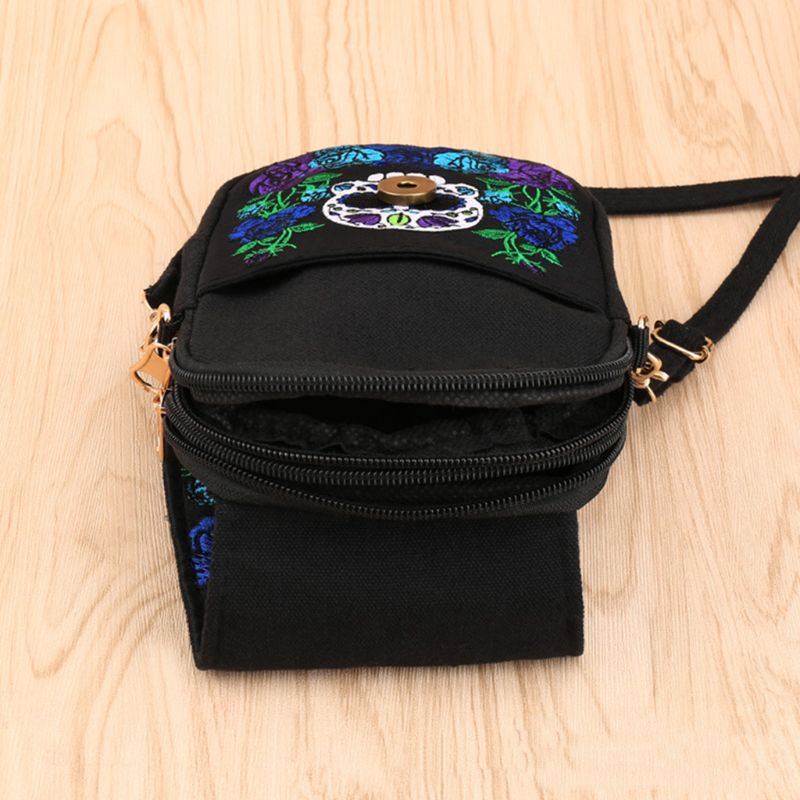 Women Skull Rose Handbag Canvas Embroidery Ethnic Shoulder Bag