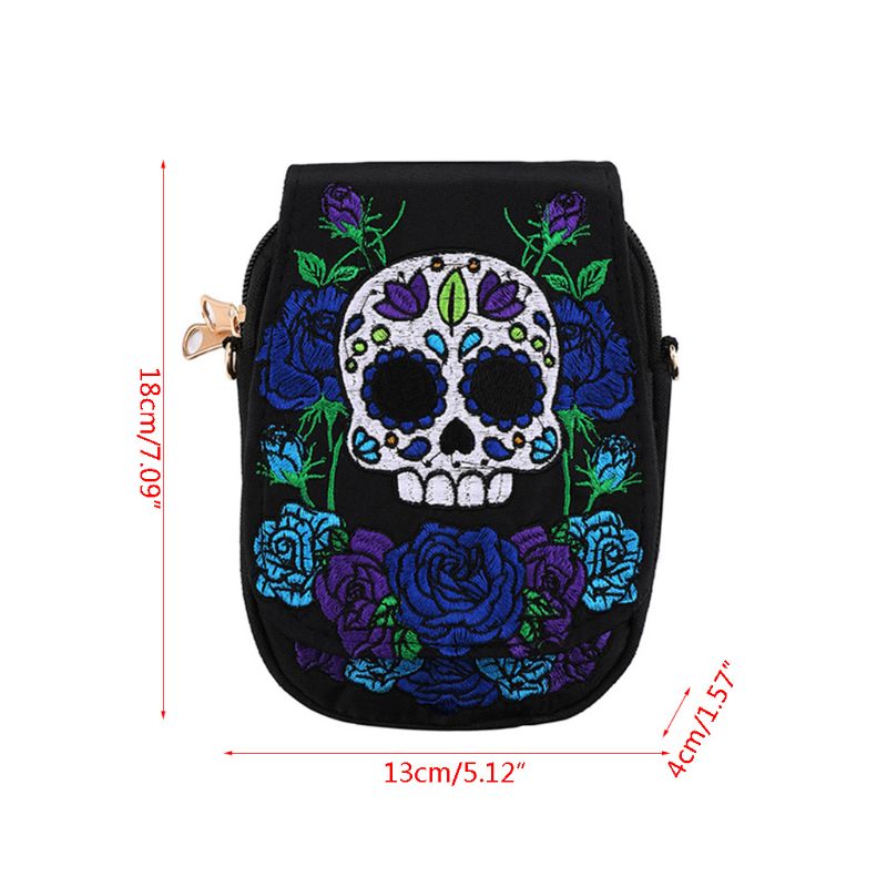 Women Skull Rose Handbag Canvas Embroidery Ethnic Shoulder Bag