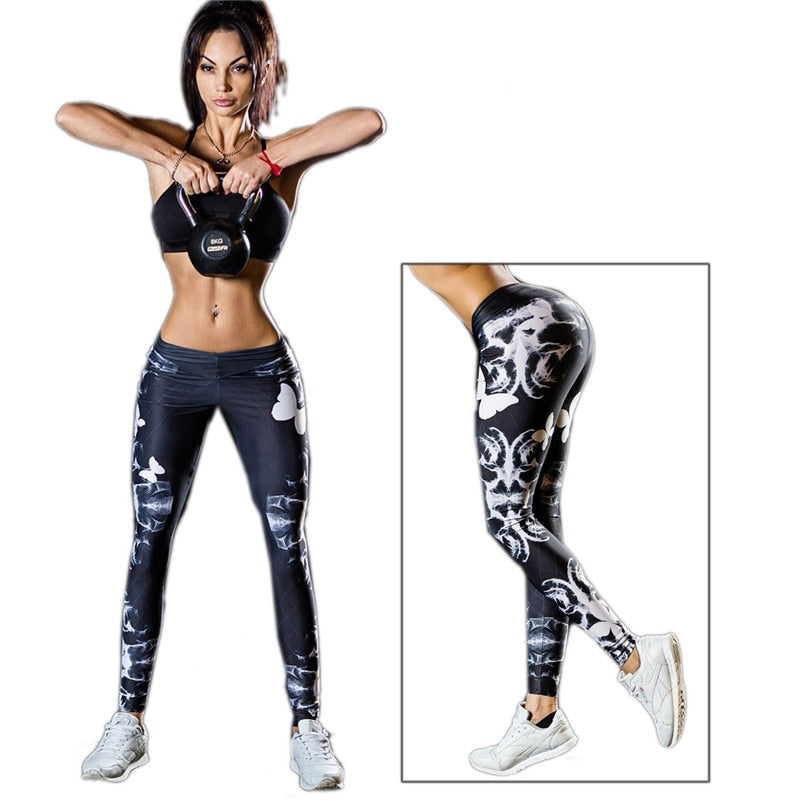 Women Sport Leggings Cycling Pants Cool Skull Printing Printed Sportswear Workout Gym Pant Gradient Color Elastic Yoga Tights