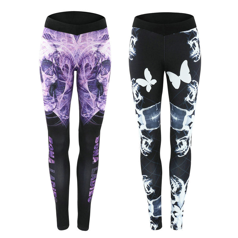 Women Sport Leggings Cycling Pants Cool Skull Printing Printed Sportswear Workout Gym Pant Gradient Color Elastic Yoga Tights