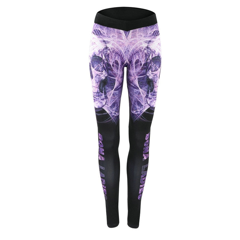Women Sport Leggings Cycling Pants Cool Skull Printing Printed Sportswear Workout Gym Pant Gradient Color Elastic Yoga Tights