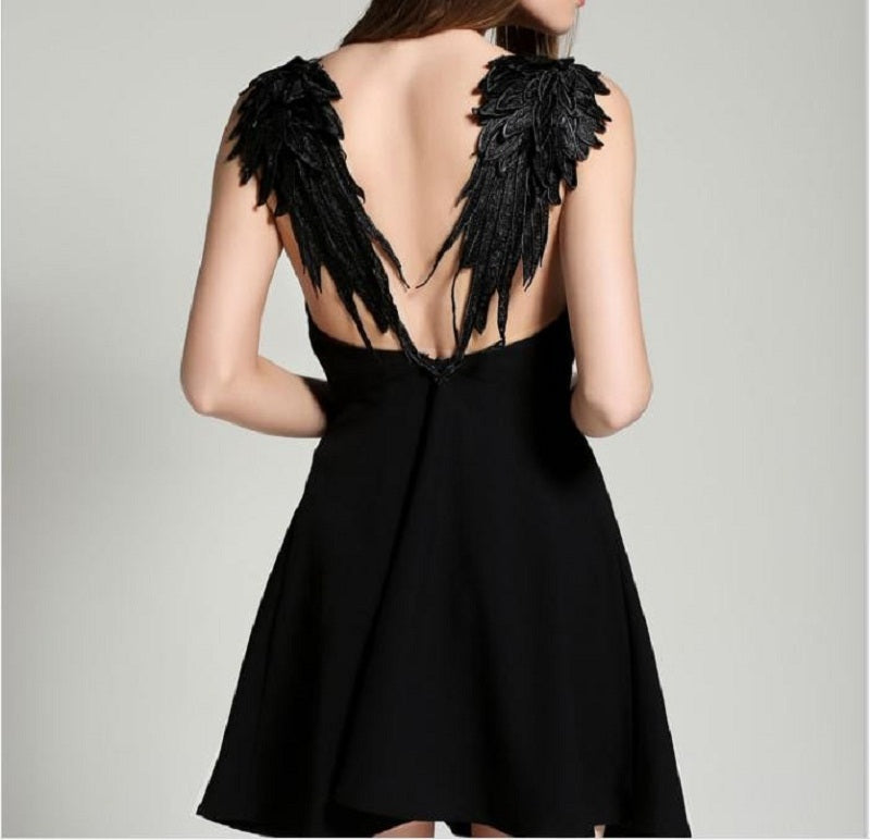 Summer Embroidery dress Femme Dark Angel Wings Gothic vestidos de festa Backless Black White Sexy Party Club dress xs