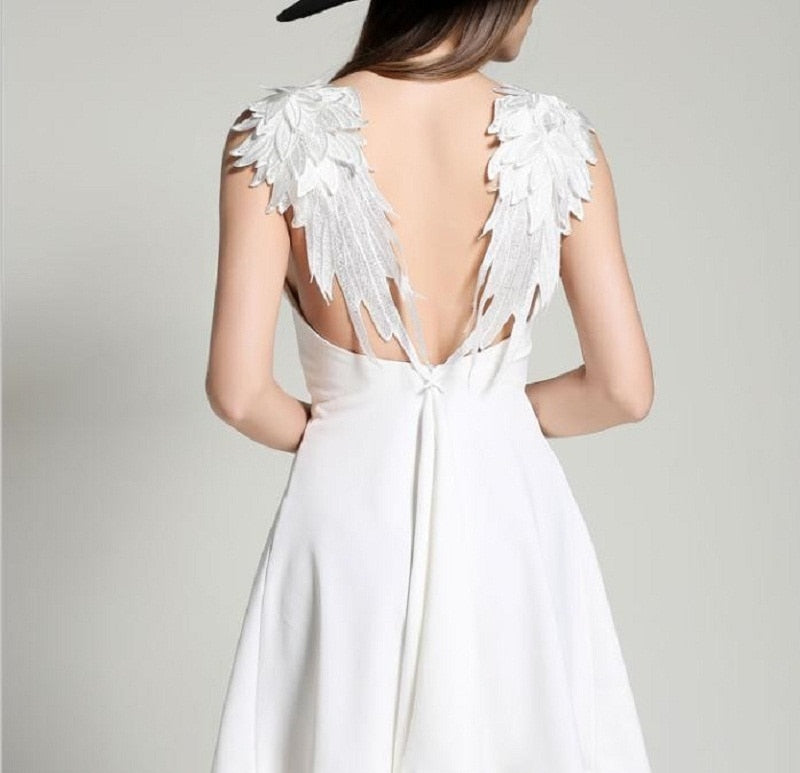 Summer Embroidery dress Femme Dark Angel Wings Gothic vestidos de festa Backless Black White Sexy Party Club dress xs