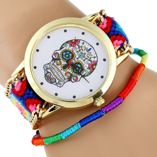 Women Watch Sugar Skull woman dress wristwatch Fashion Hippie Fabric Bracelet Skeleton reloj dama Geneva Style