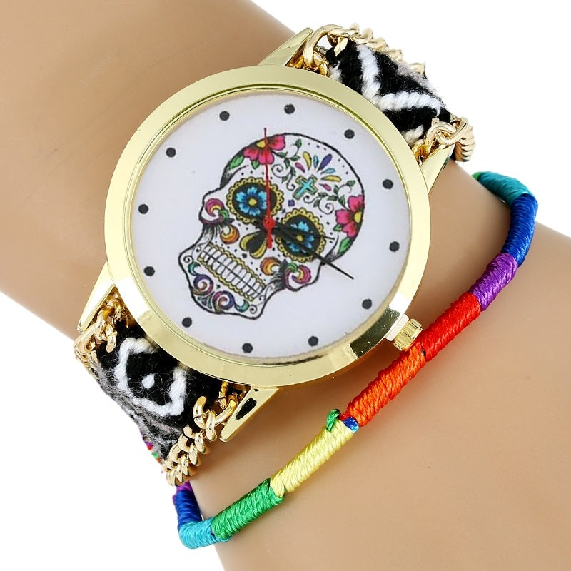 Women Watch Sugar Skull woman dress wristwatch Fashion Hippie Fabric Bracelet Skeleton reloj dama Geneva Style