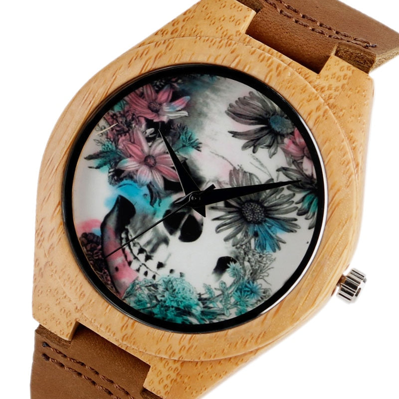 Women Watches Bracelet Bamboo Watch Ladies Cool Design Flower Skull Wooden Handmade Real Leather Band Casual Nature Wood Clock