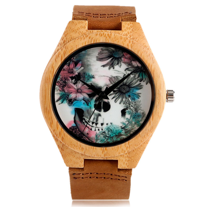 Women Watches Bracelet Bamboo Watch Ladies Cool Design Flower Skull Wooden Handmade Real Leather Band Casual Nature Wood Clock