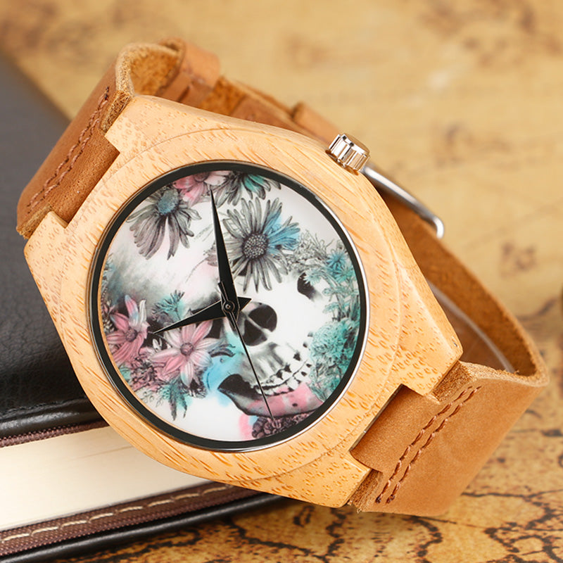 Women Watches Bracelet Bamboo Watch Ladies Cool Design Flower Skull Wooden Handmade Real Leather Band Casual Nature Wood Clock