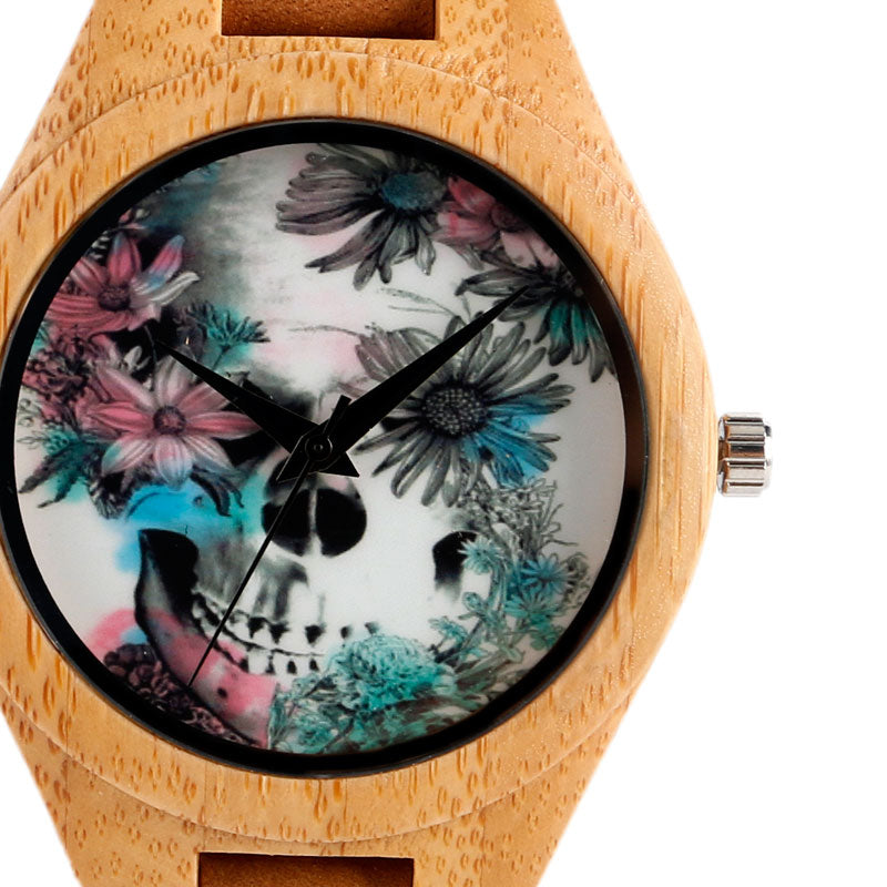 Women Watches Bracelet Bamboo Watch Ladies Cool Design Flower Skull Wooden Handmade Real Leather Band Casual Nature Wood Clock