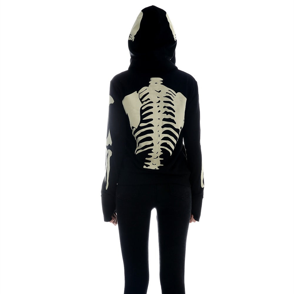 Women's Black Hooded Zipper Sweatshirt Skeleton Skull Mask Gothic Hoodie