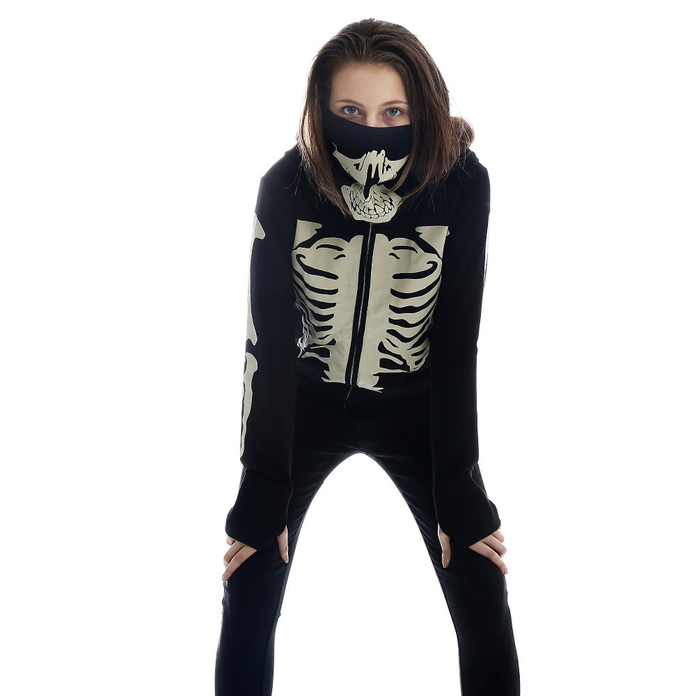 Women's Black Hooded Zipper Sweatshirt Skeleton Skull Mask Gothic Hoodie