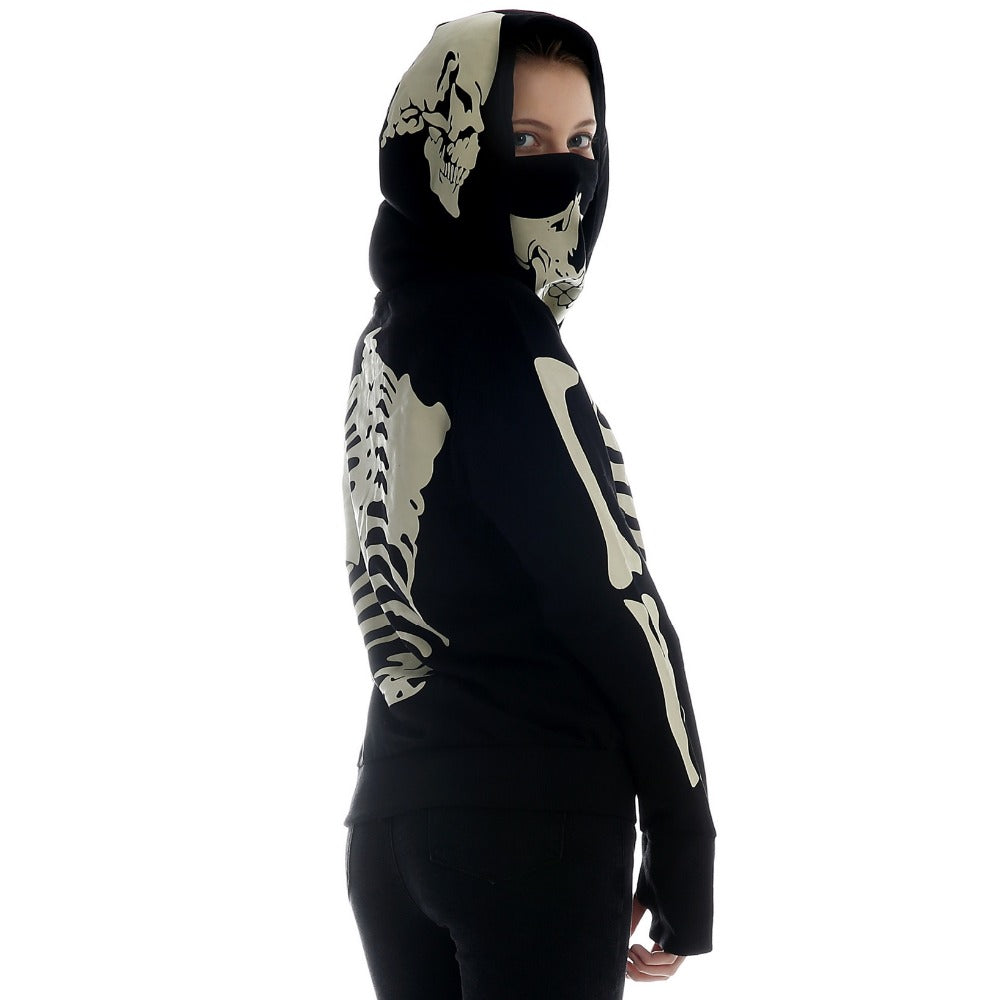 Women's Black Hooded Zipper Sweatshirt Skeleton Skull Mask Gothic Hoodie