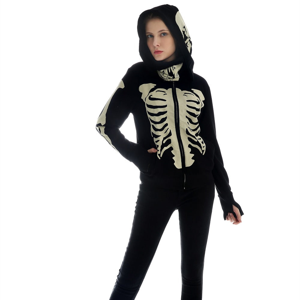 Women's Black Hooded Zipper Sweatshirt Skeleton Skull Mask Gothic Hoodie