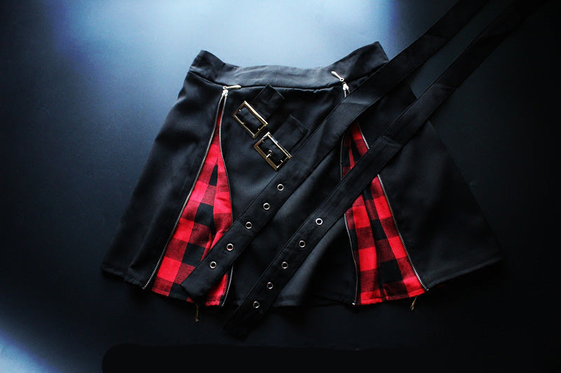 Women's Harajuku Grid Zipper Gothic Black Skirts.Ladies Rock Punk Metal Buckle Strap Skirt.Girl Lolita Suspender Skirt Overalls