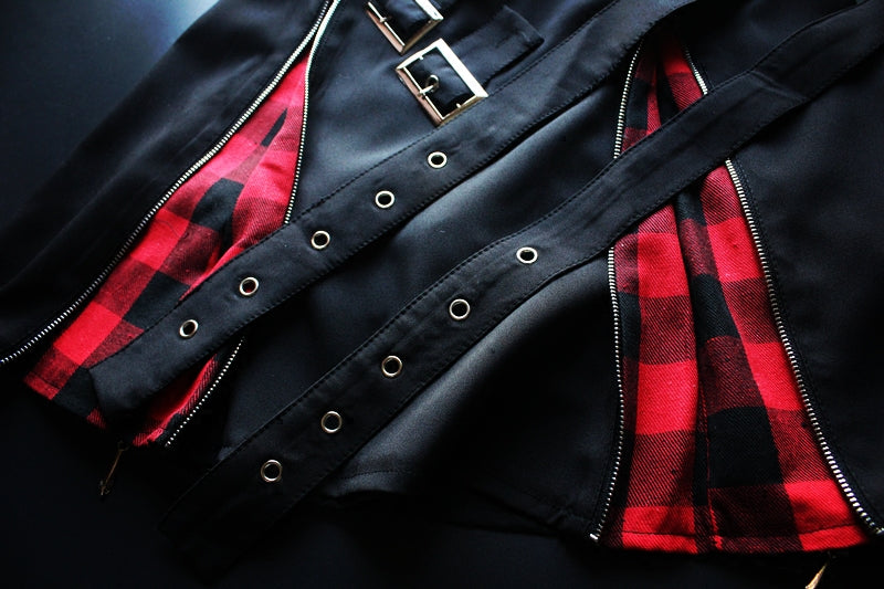 Women's Harajuku Grid Zipper Gothic Black Skirts.Ladies Rock Punk Metal Buckle Strap Skirt.Girl Lolita Suspender Skirt Overalls