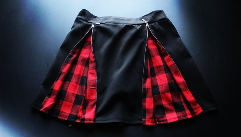 Women's Harajuku Grid Zipper Gothic Black Skirts.Ladies Rock Punk Metal Buckle Strap Skirt.Girl Lolita Suspender Skirt Overalls
