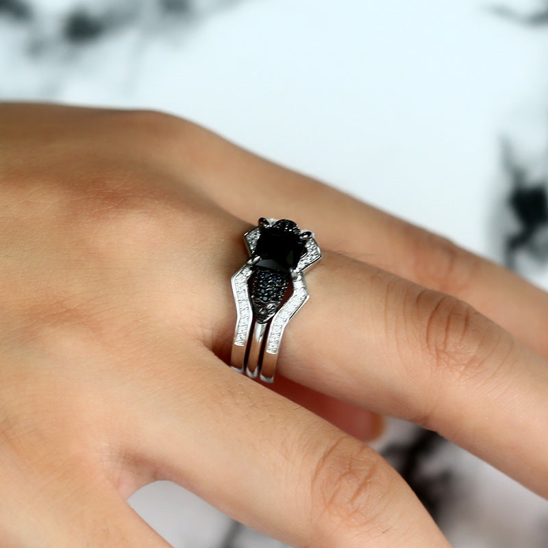 Women's Skull Ring Black CZ Stone Punk skull men's jewelry Rings  Set