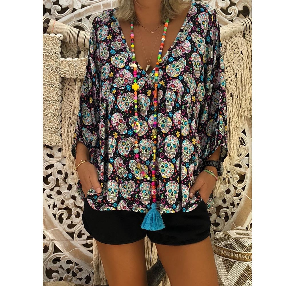 Womens Tops and Blouses Vintage Skull Print Three Quarter Sleeve Blouse Woman Clothes Tunic Ladies Top Feminina