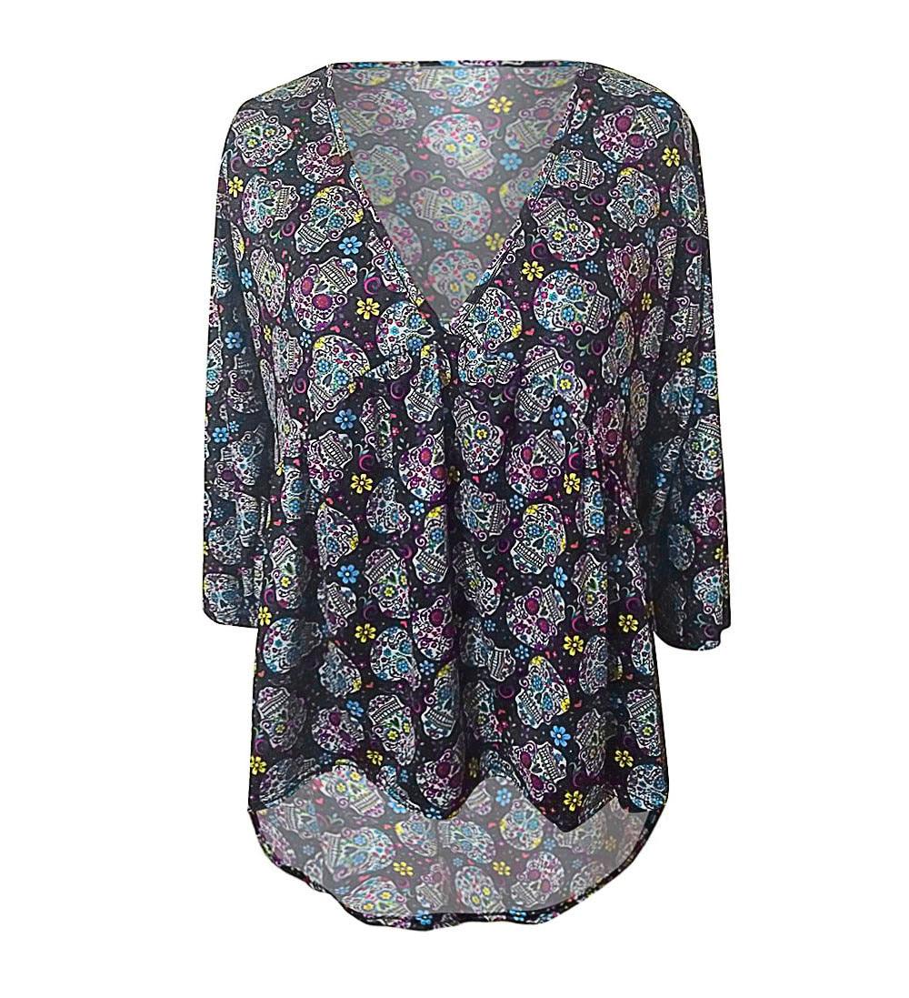 Womens Tops and Blouses Vintage Skull Print Three Quarter Sleeve Blouse Woman Clothes Tunic Ladies Top Feminina