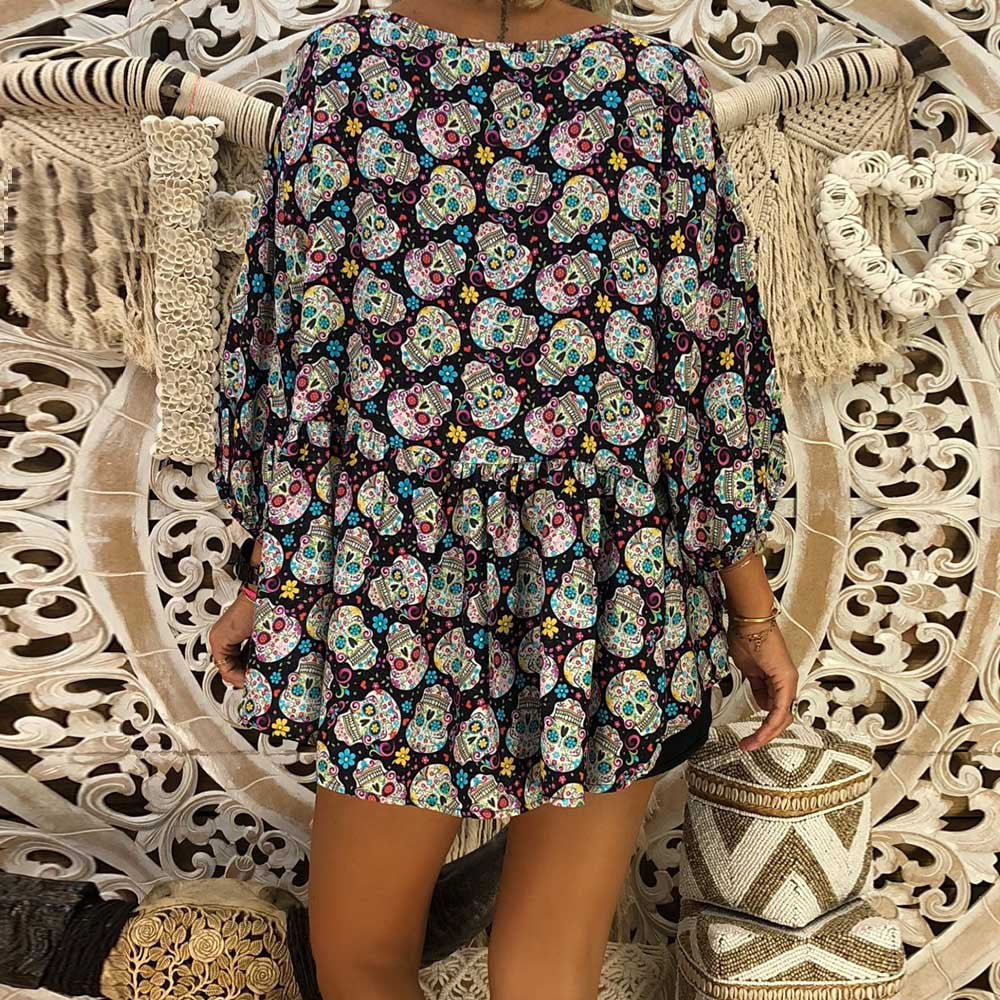Womens Tops and Blouses Vintage Skull Print Three Quarter Sleeve Blouse Woman Clothes Tunic Ladies Top Feminina