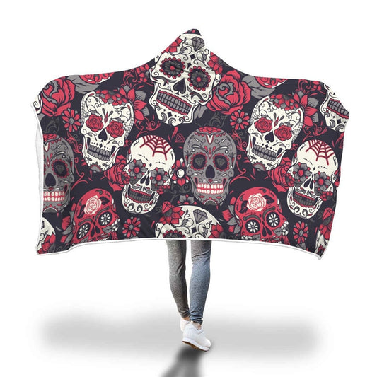 XC USHIO Magic Wearable Hooded Throw Blanket New Fashion Sugar Skull Flower Printed Fleece Fabric Sofa Couch Bed Cover 150*200cm