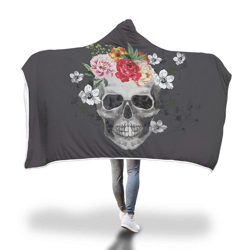 XC USHIO Magic Wearable Hooded Throw Blanket New Fashion Sugar Skull Flower Printed Fleece Fabric Sofa Couch Bed Cover 150*200cm