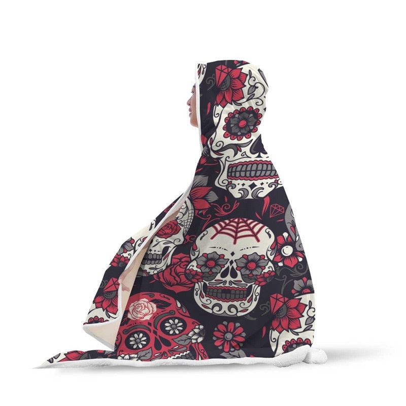 XC USHIO Magic Wearable Hooded Throw Blanket New Fashion Sugar Skull Flower Printed Fleece Fabric Sofa Couch Bed Cover 150*200cm