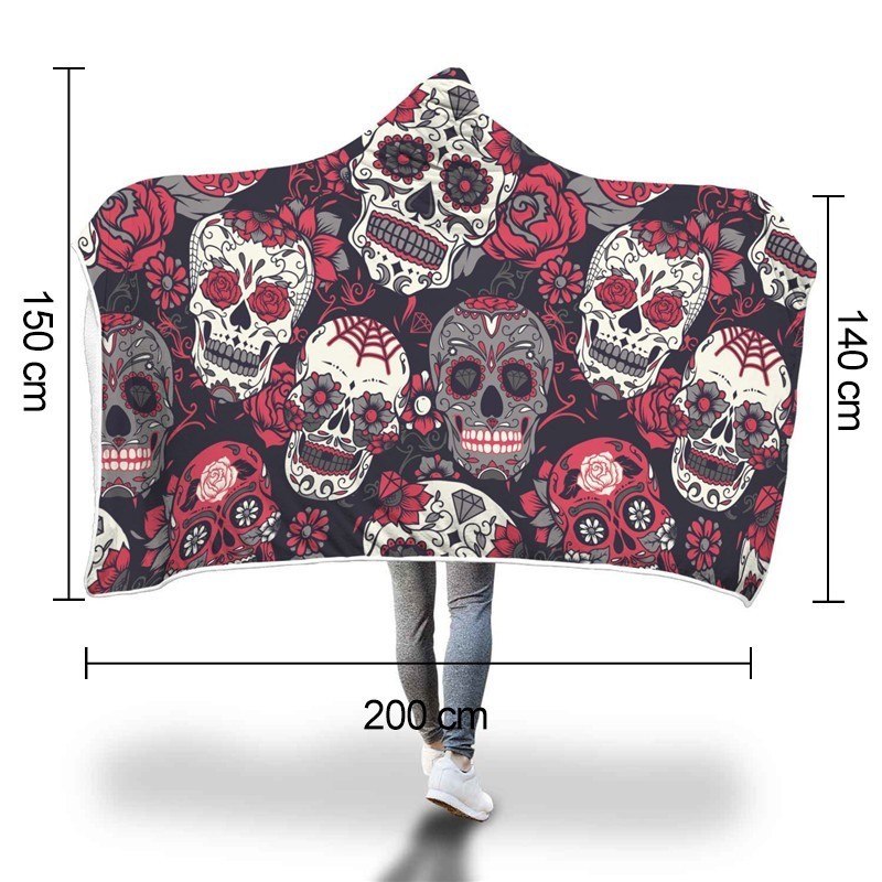 XC USHIO Magic Wearable Hooded Throw Blanket New Fashion Sugar Skull Flower Printed Fleece Fabric Sofa Couch Bed Cover 150*200cm