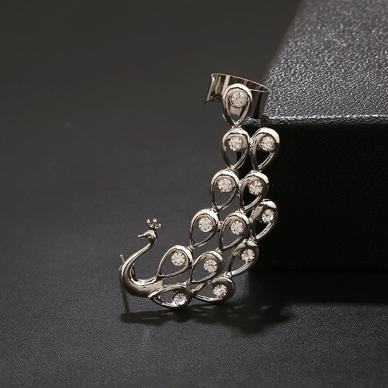 Exquisite Crystal Peacock Ear Cuff Fashion Gothic Hook Clip Left Earcuffs Women No Pierced Jewelry Earring